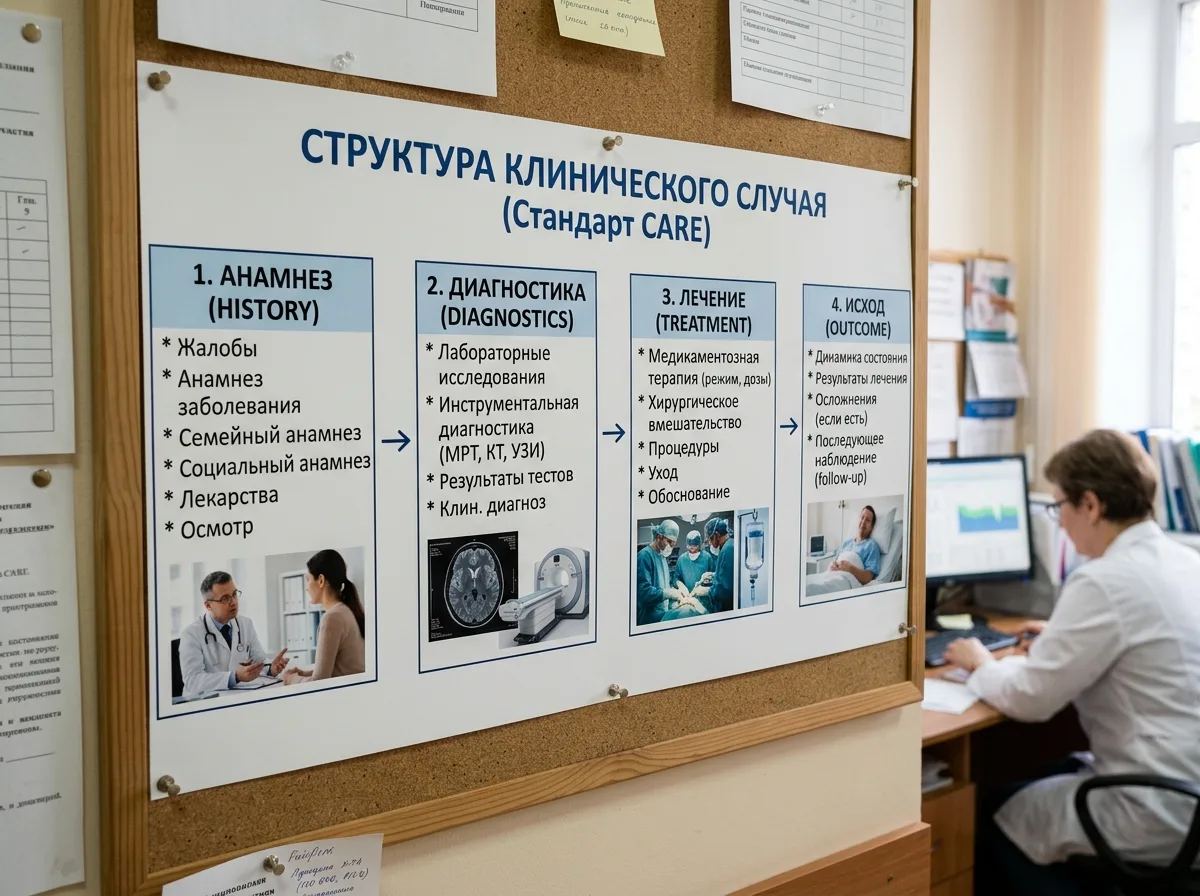 Схема структуры клинического случая по стандарту CARE: анамнез, диагностика, лечение, исход